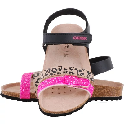Pink, fekete, gepárd mintás, parafa talpú, Geox szandál